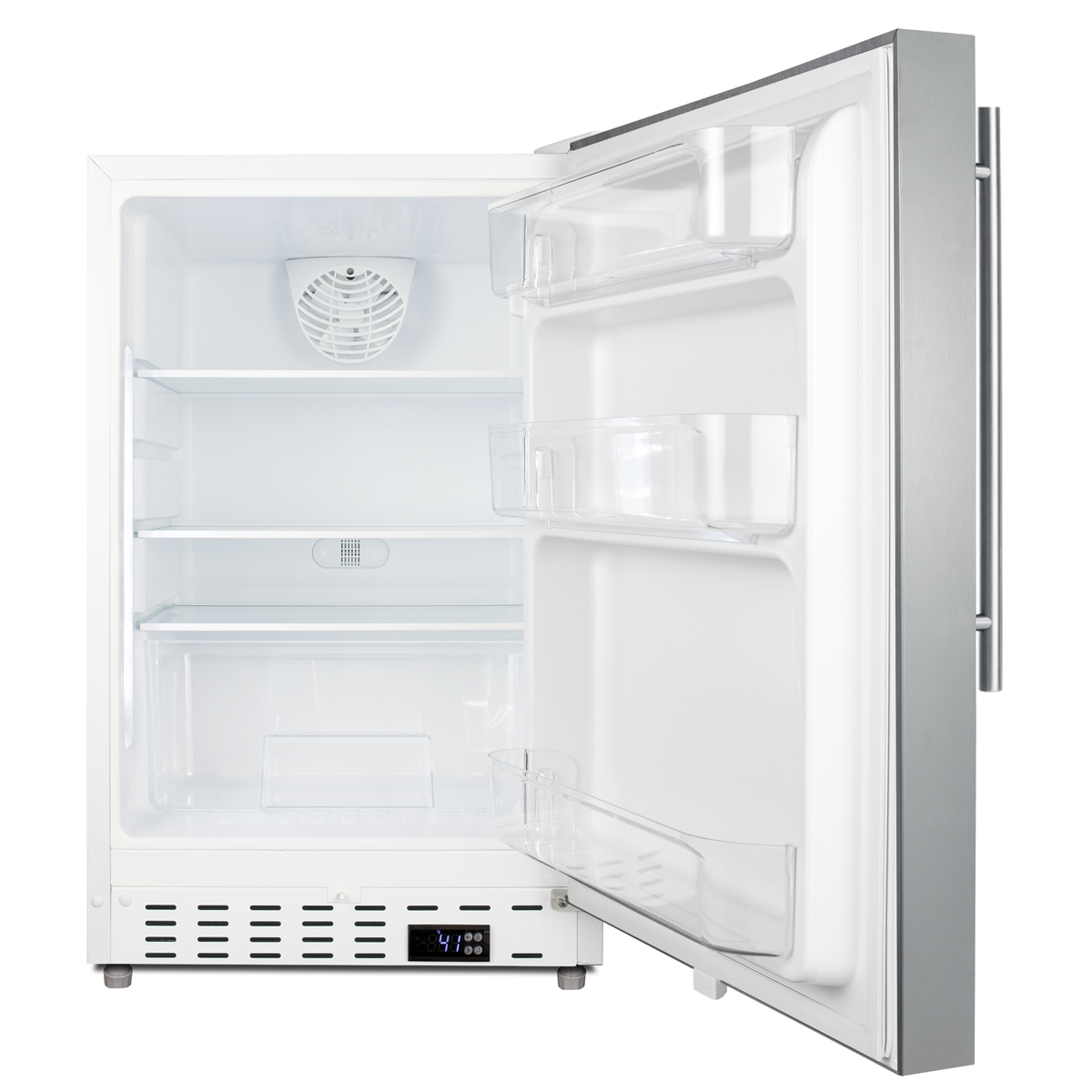 Built-in undercounter ADA compliant residential all-refrigerator in white with stainless steel door, vertical handle, with door storage and automatic defrost operation